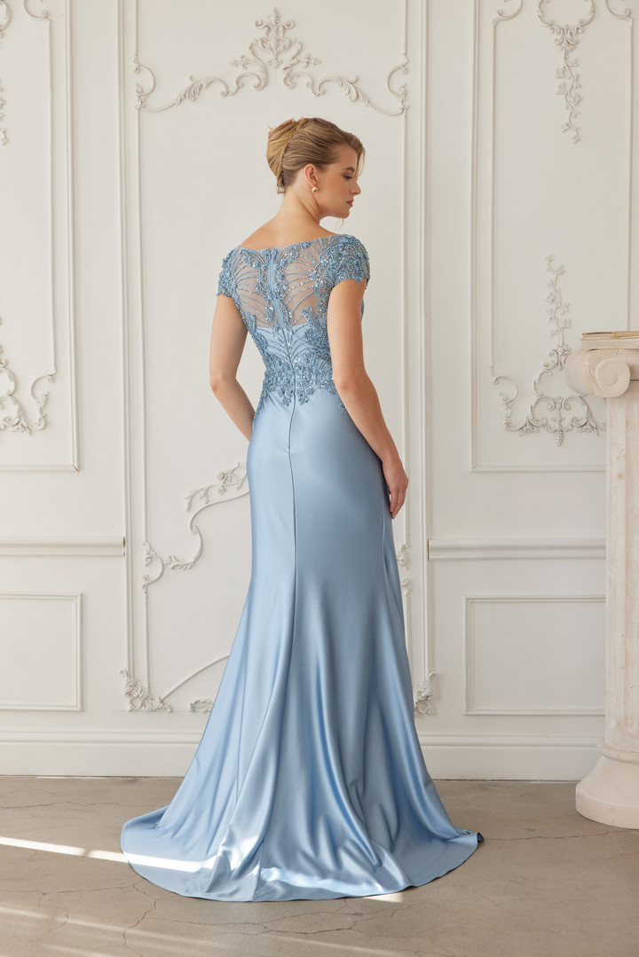 Nox Anabel MD155 Satin Beaded V-neckline Short Sleeves Gown