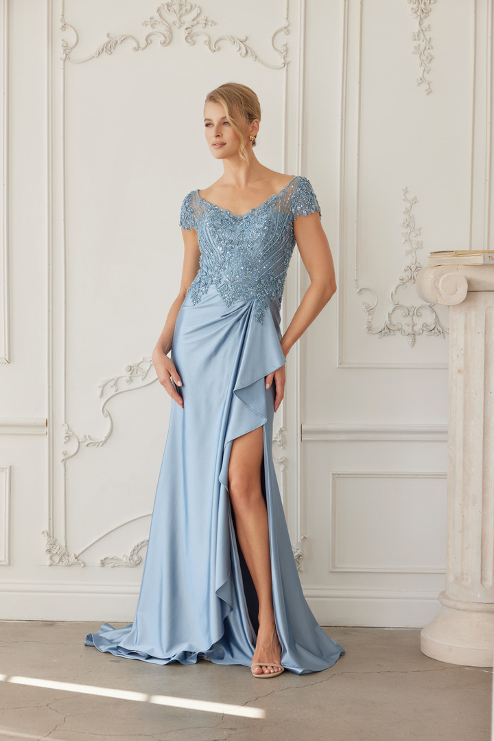 Nox Anabel MD155 Satin Beaded V-neckline Short Sleeves Gown