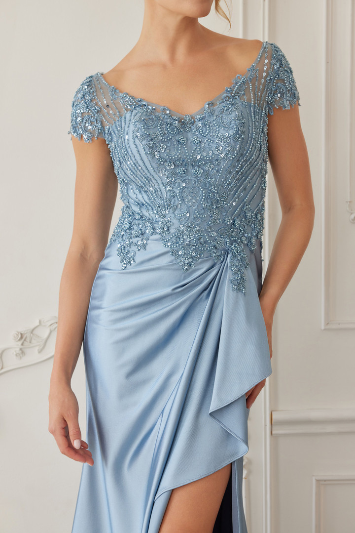 Nox Anabel MD155 Satin Beaded V-neckline Short Sleeves Gown