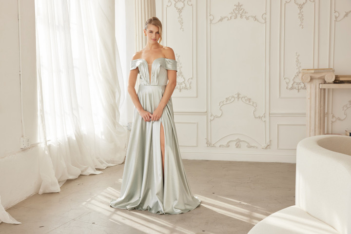 Nox Anabel ME150 Stretch Satin Off Shoulder Sleeve Gown