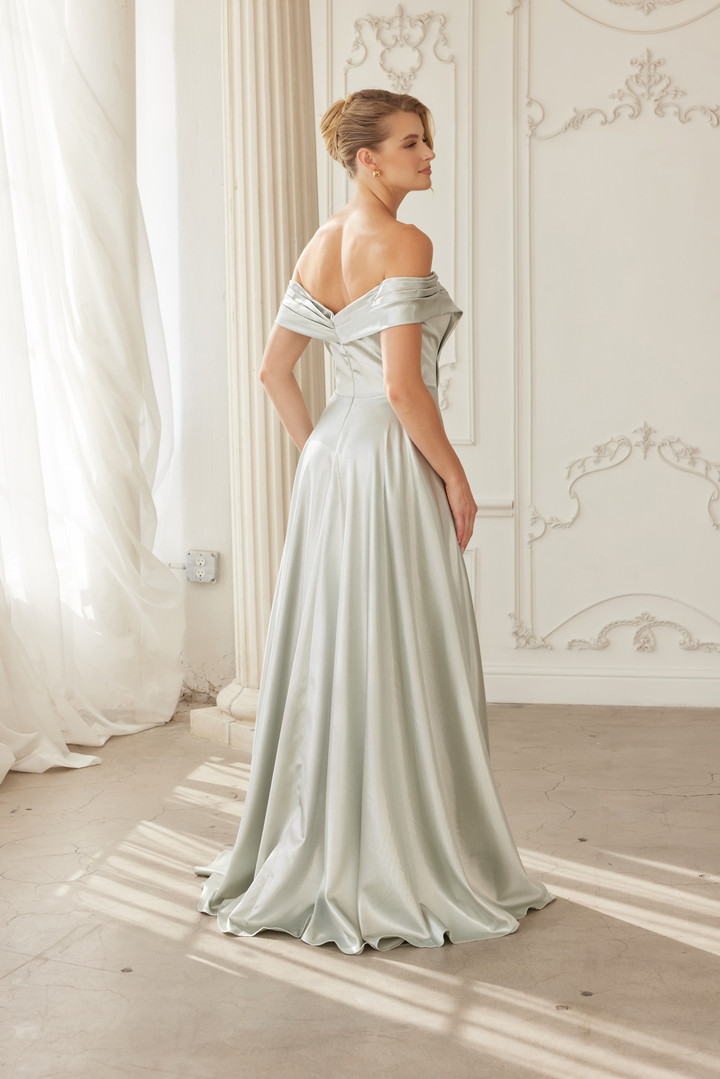 Nox Anabel ME150 Stretch Satin Off Shoulder Sleeve Gown