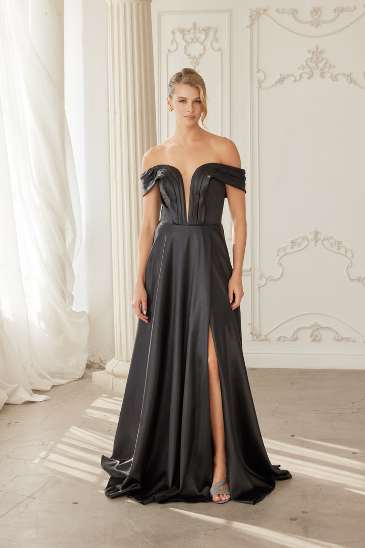 Nox Anabel ME150 Stretch Satin Off Shoulder Sleeve Gown