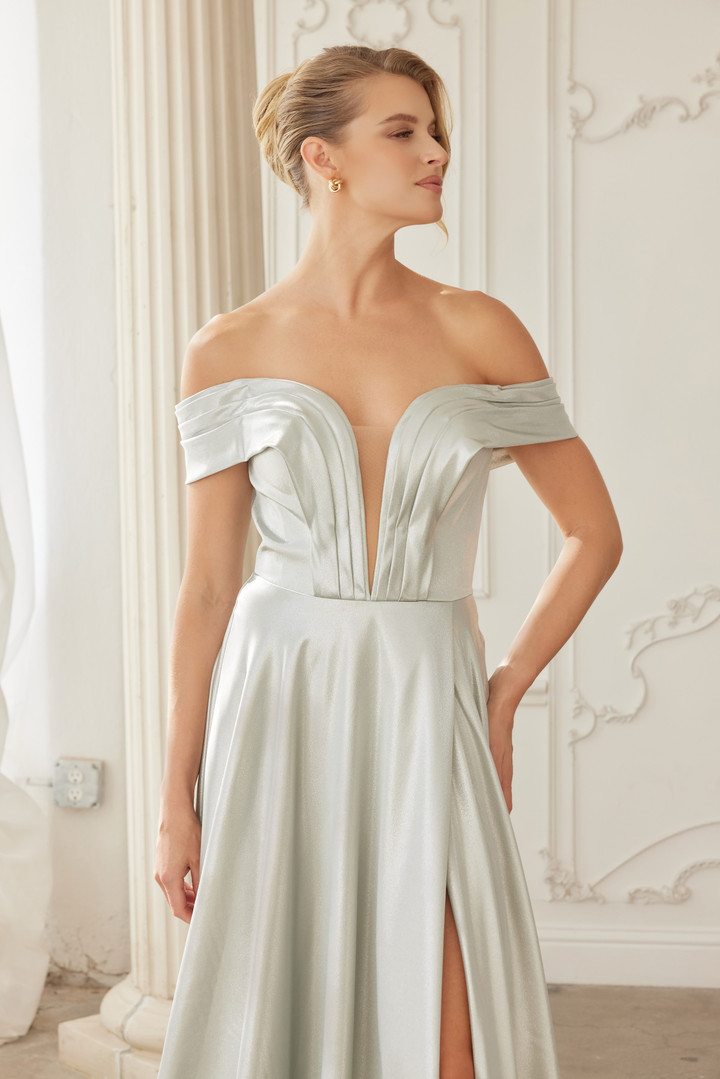 Nox Anabel ME150 Stretch Satin Off Shoulder Sleeve Gown
