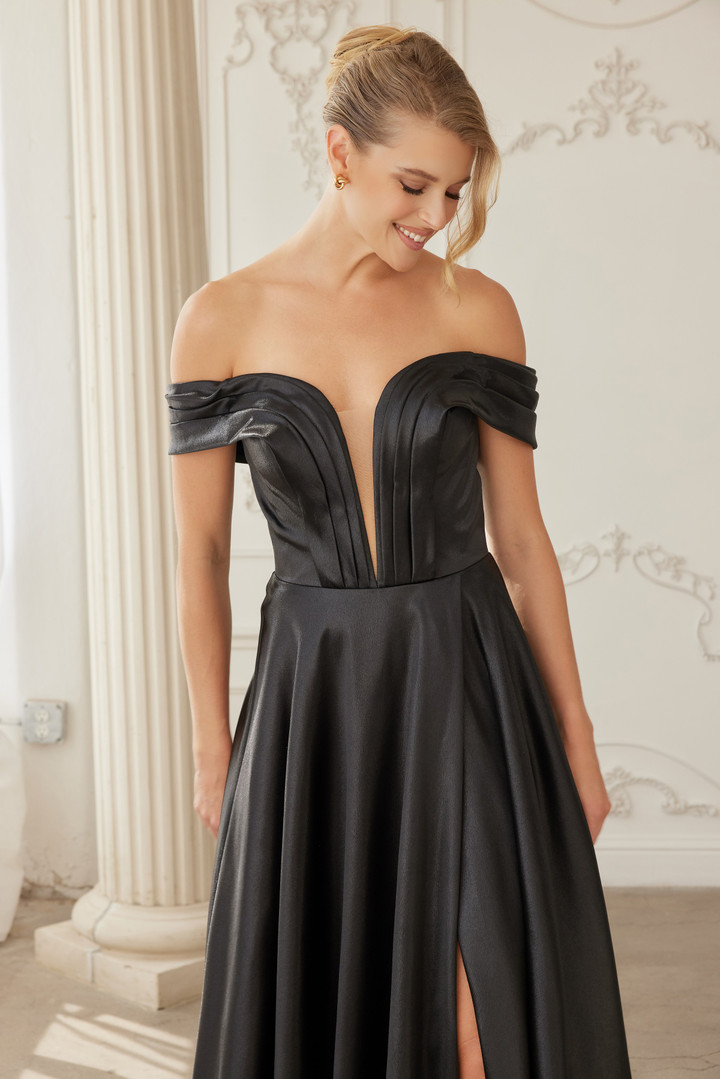 Nox Anabel ME150 Stretch Satin Off Shoulder Sleeve Gown