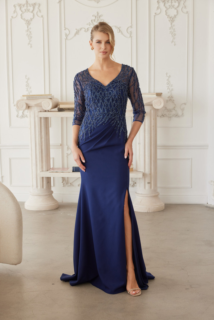 Nox Anabel MH161 Fully Beaded Quarter Sleeves V-neck Gown