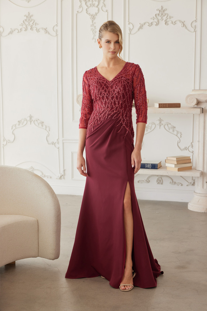 Nox Anabel MH161 Fully Beaded Quarter Sleeves V-neck Gown