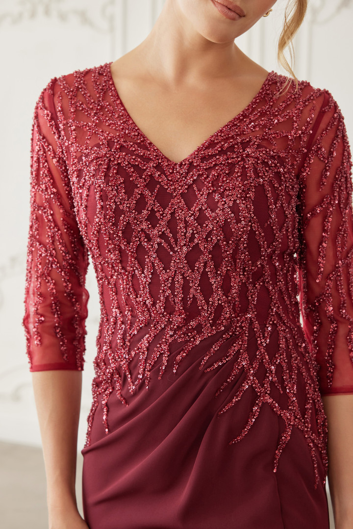 Nox Anabel MH161 Fully Beaded Quarter Sleeves V-neck Gown