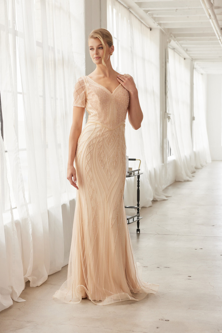 Nox Anabel MH162 Beaded V-neckline Short Sleeves Train Gown