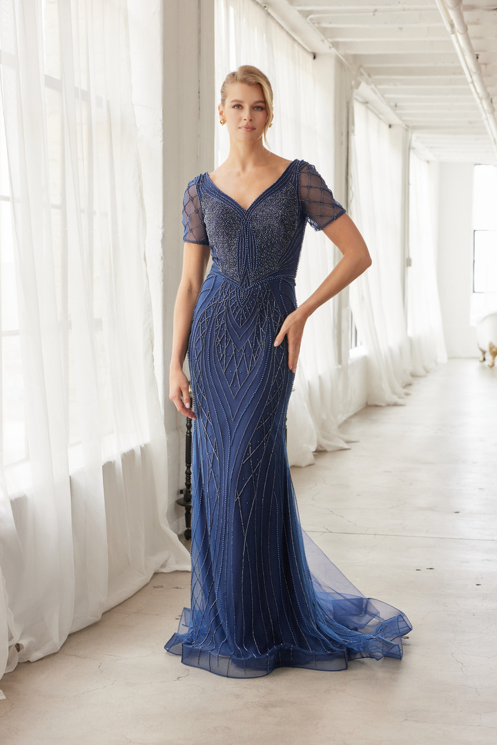 Nox Anabel MH162 Beaded V-neckline Short Sleeves Train Gown