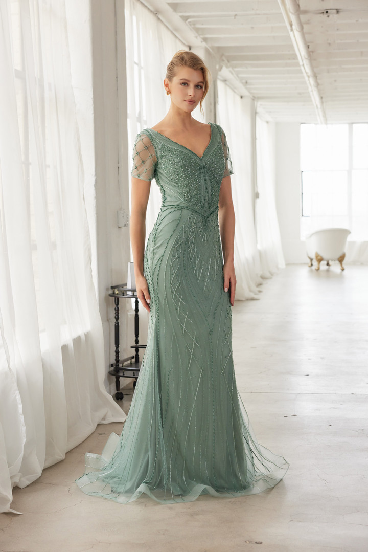 Nox Anabel MH162 Beaded V-neckline Short Sleeves Train Gown