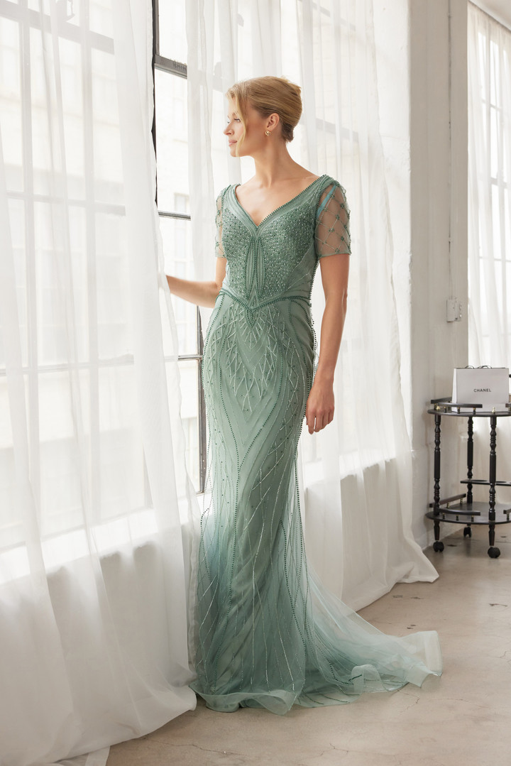 Nox Anabel MH162 Beaded V-neckline Short Sleeves Train Gown