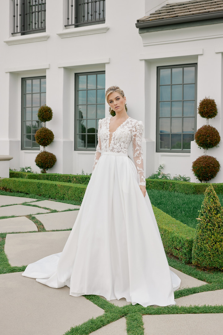 Nox Anabel JE1078 Illusion Long Sleeve Deep V-Neck Gown