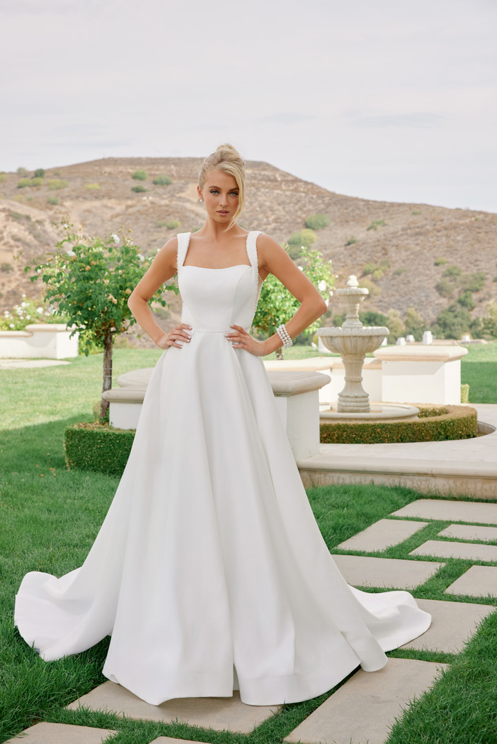 Nox Anabel JW1048 Satin Off Shoulder Sleeves Wedding Gown