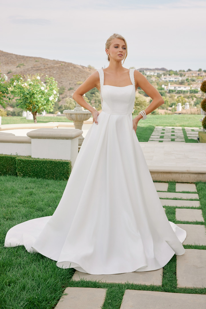 Nox Anabel JW1048 Satin Off Shoulder Sleeves Wedding Gown