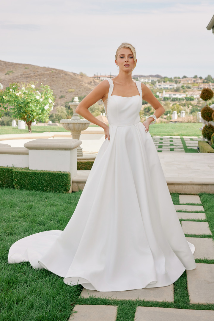 Nox Anabel JW1048 Satin Off Shoulder Sleeves Wedding Gown