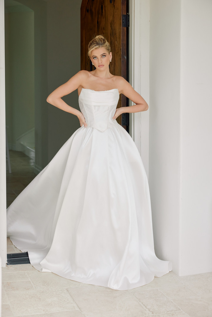 Nox Anabel JE1073 Satin Scoop Neck Strapless Long Gown