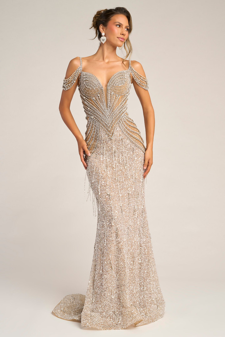 Portia and Scarlett PS26449C Beaded Stone Off Shoulder Dress