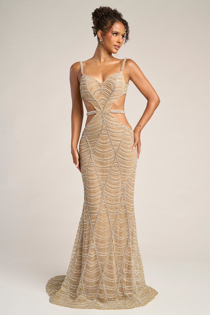Portia and Scarlett PS26455C Beaded Straps Sleeve Long Dress