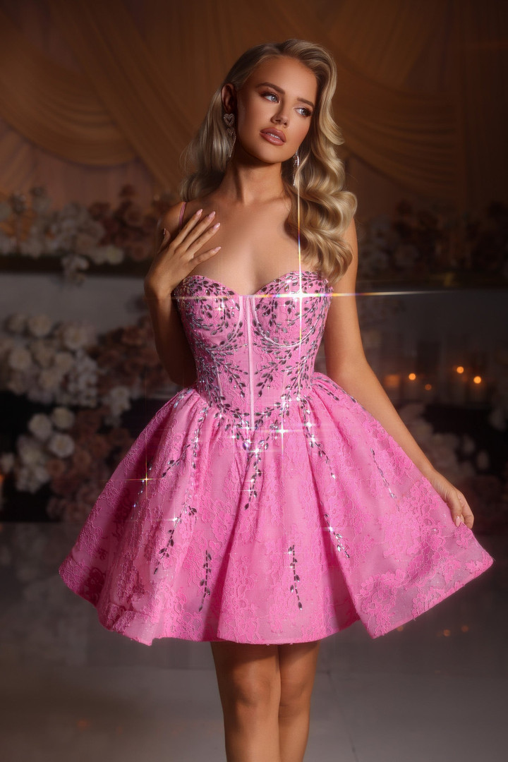 Portia and Scarlett PS25784 Lace Beaded Corset Short Dress