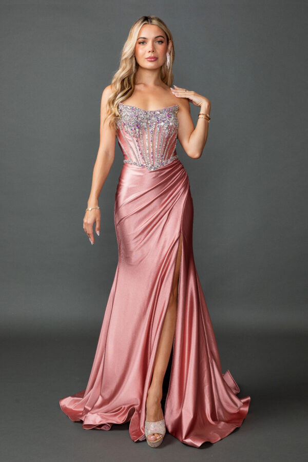 Dancing Queen 4580 Satin Embellished Strapless Prom Dress