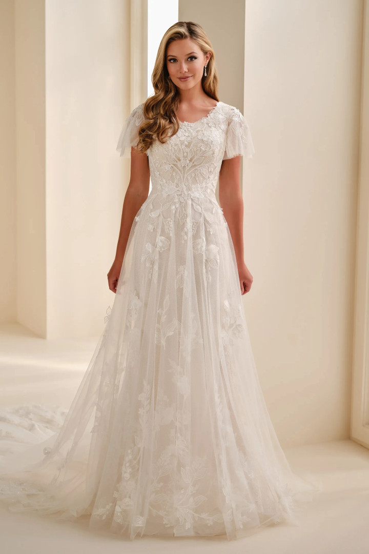 Modest by Mon Cheri MOD342 Lace Sequin Flutter Sleeve Gown