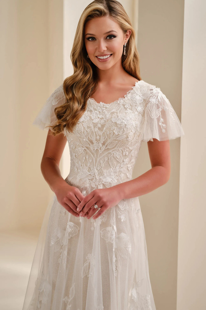 Modest by Mon Cheri MOD342 Lace Sequin Flutter Sleeve Gown