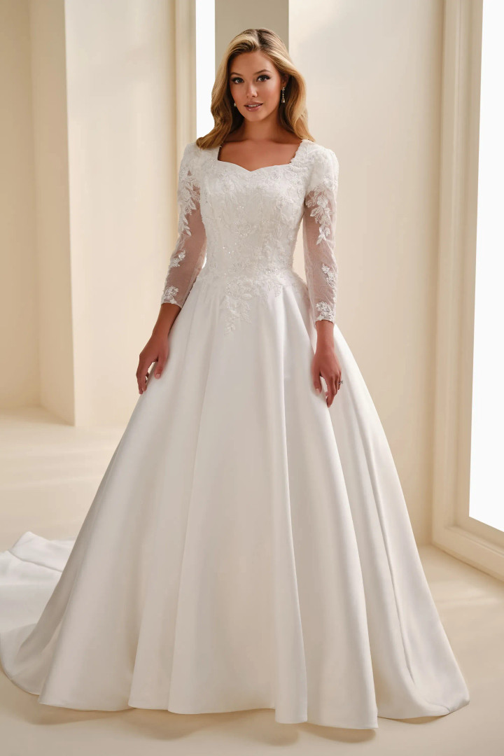 Modest by Mon Cheri MOD343 Beaded Queen Anne Neck Ball Gown
