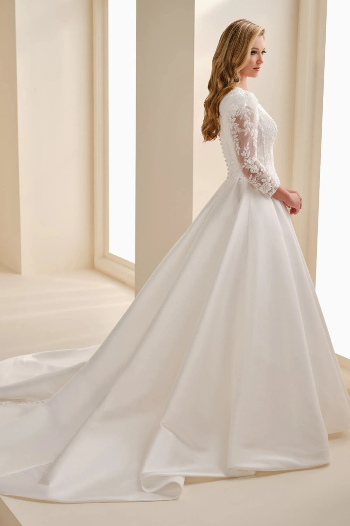 Modest by Mon Cheri MOD343 Beaded Queen Anne Neck Ball Gown