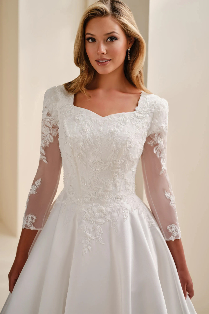 Modest by Mon Cheri MOD343 Beaded Queen Anne Neck Ball Gown