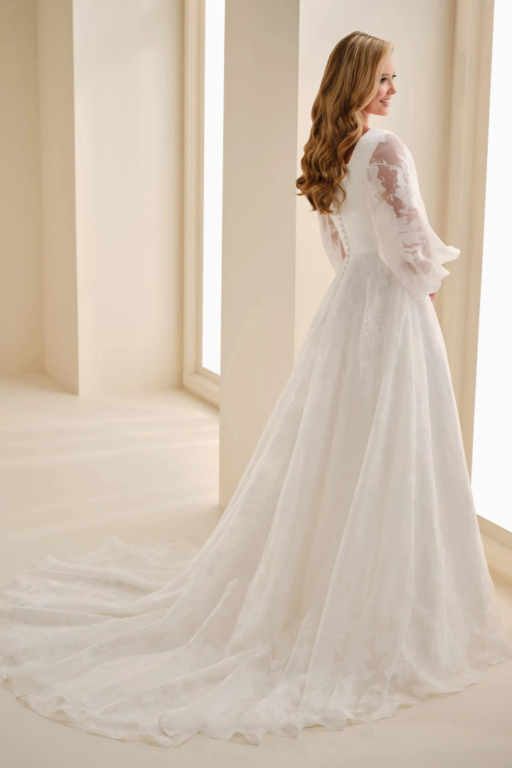 Modest by Mon Cheri MOD344 Organza Bishop Sleeve Ball Gown