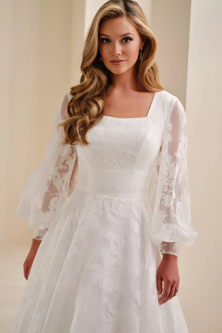 Modest by Mon Cheri MOD344 Organza Bishop Sleeve Ball Gown