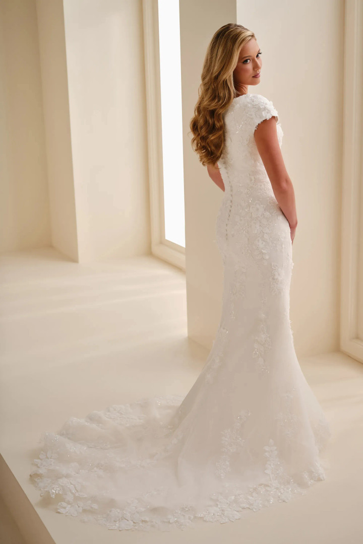 Modest by Mon Cheri MOD345 Lace Sequin Cap Sleeves Gown