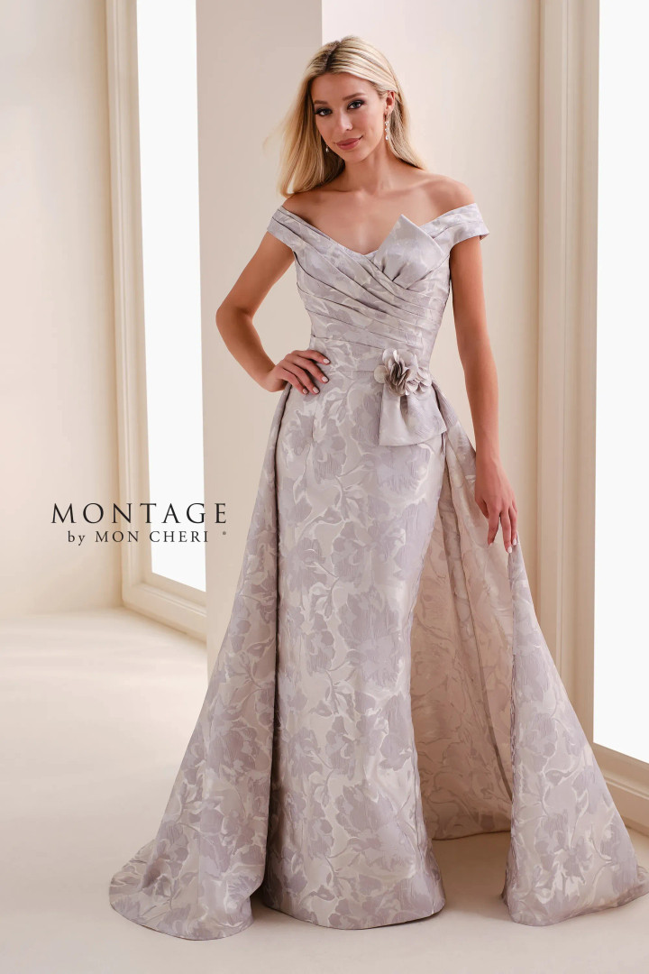 Montage by Mon Cheri M4201 Brocade 3D Flower V-Neck Gown