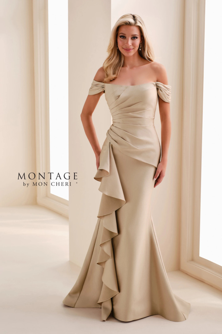 Montage by Mon Cheri M4202 Pique Off-Shoulder Long Gown