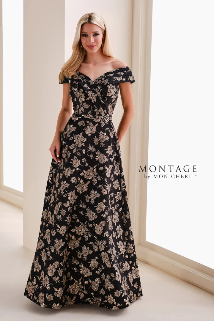 Montage by Mon Cheri M4203 Brocade Tip-off-Shoulder Gown