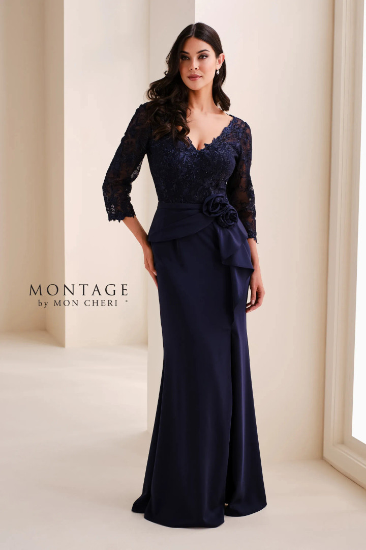Montage by Mon Cheri M4209 Crepe Satin Lace Sleeves Gown