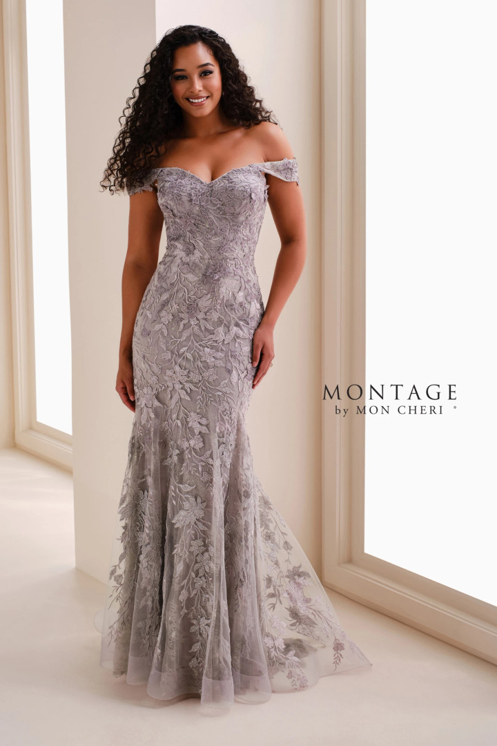 Montage by Mon Cheri M4210 Allover Lace Off-Shoulder Gown