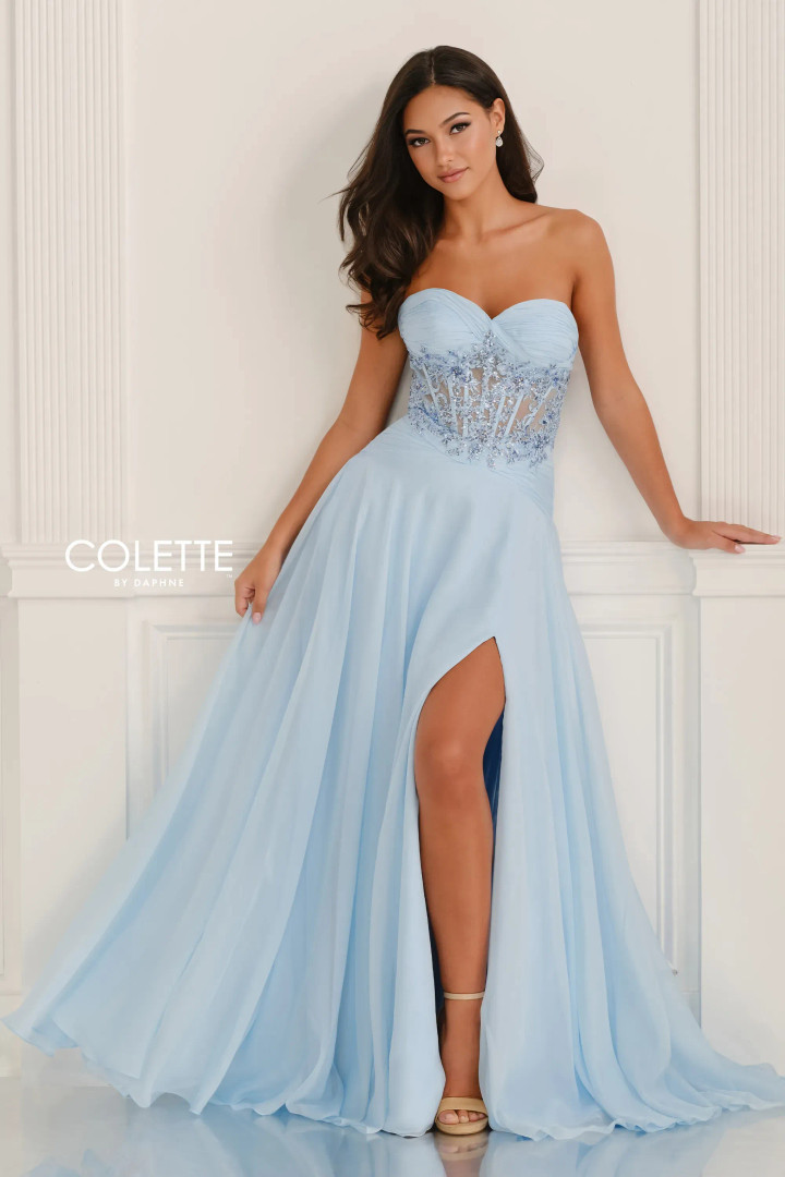 Colette by Daphne CL6115 Chiffon Lace Strapless Corset Dress