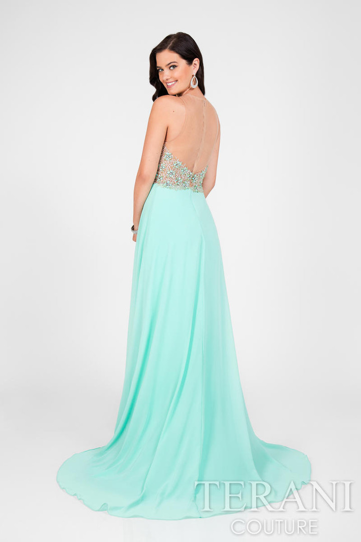 Terani Couture 1712P2512 Chiffon Illusion High Neck Gown