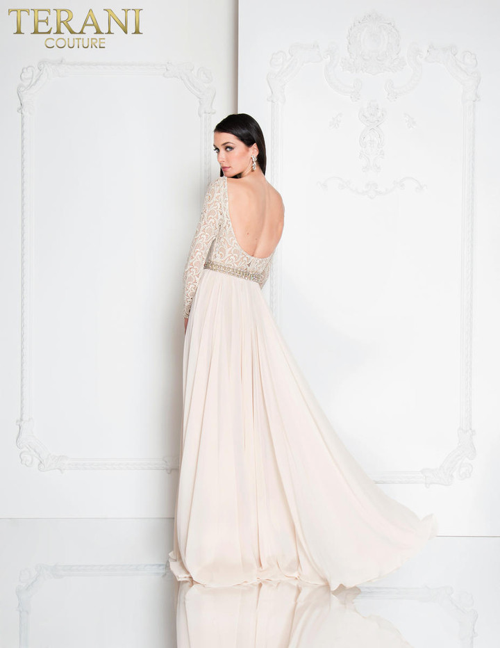 Terani Couture 1812M6650 Lace Chiffon Long Sleeve Dress