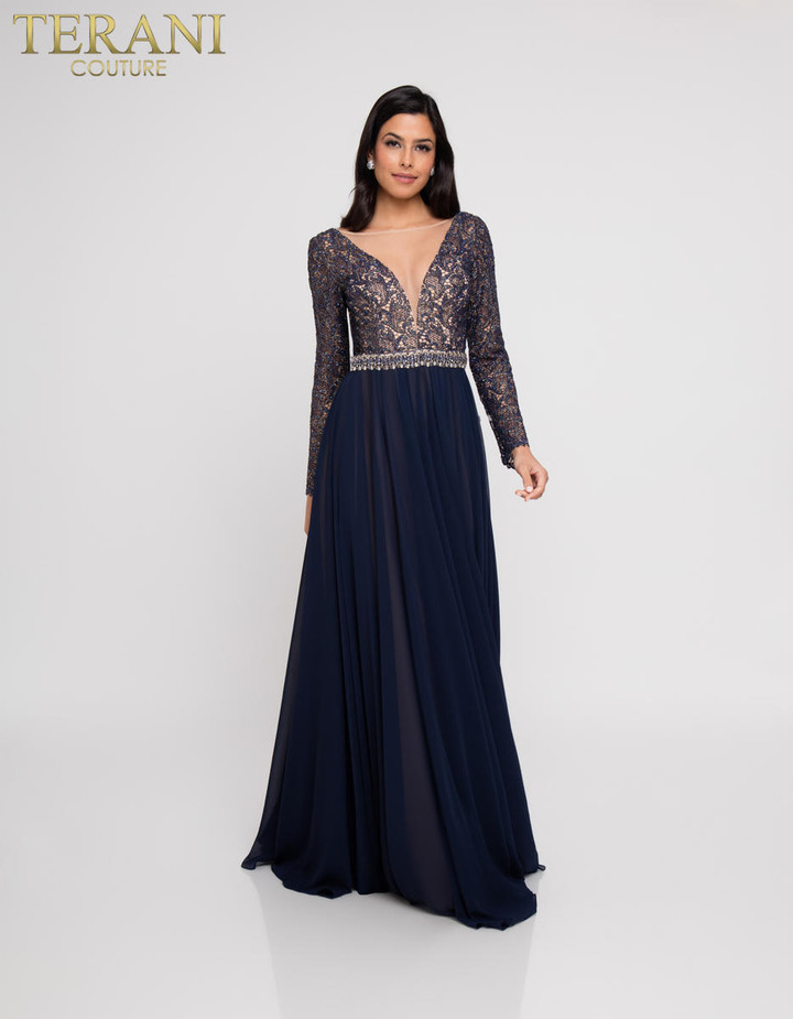 Terani Couture 1812M6650 Lace Chiffon Long Sleeve Dress