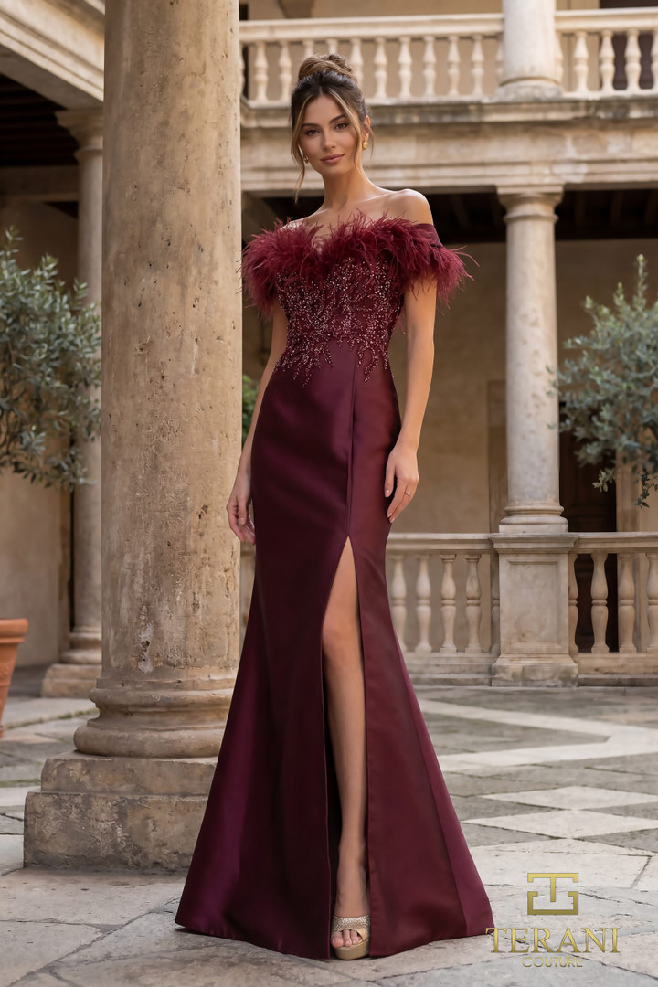 Terani Couture 1821E7142 Feather Beaded Off-Shoulder Dress