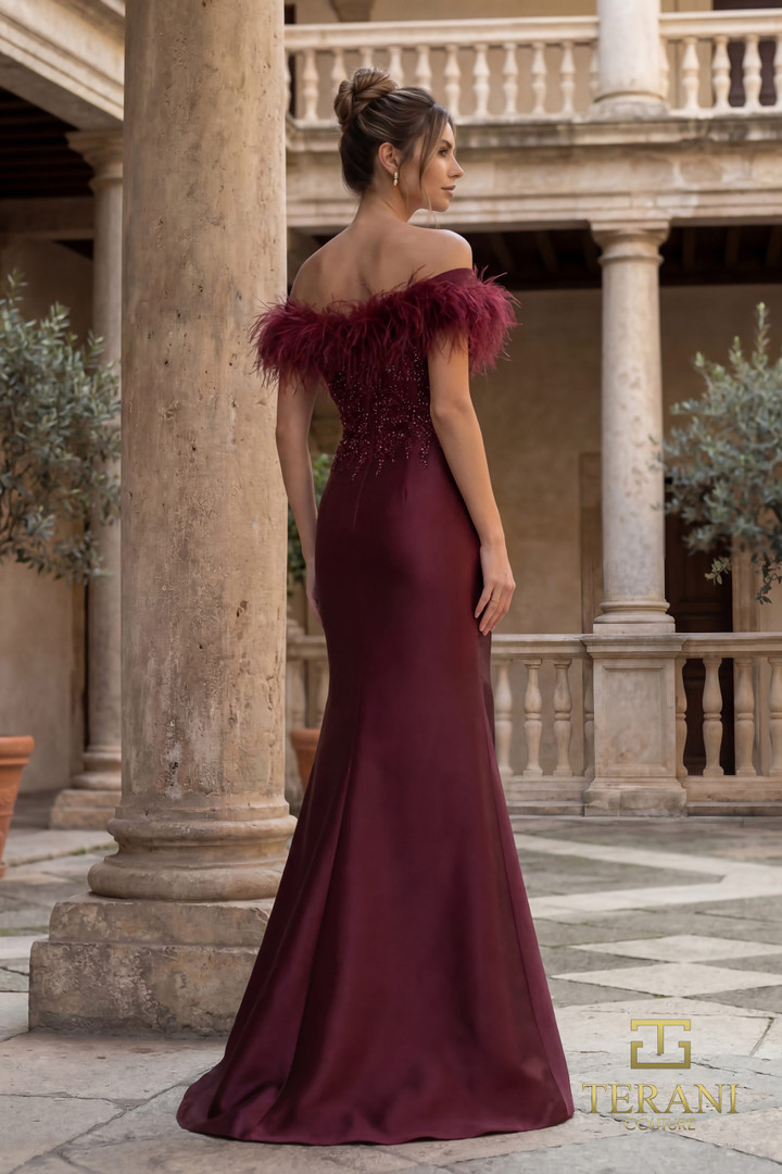 Terani Couture 1821E7142 Feather Beaded Off-Shoulder Dress
