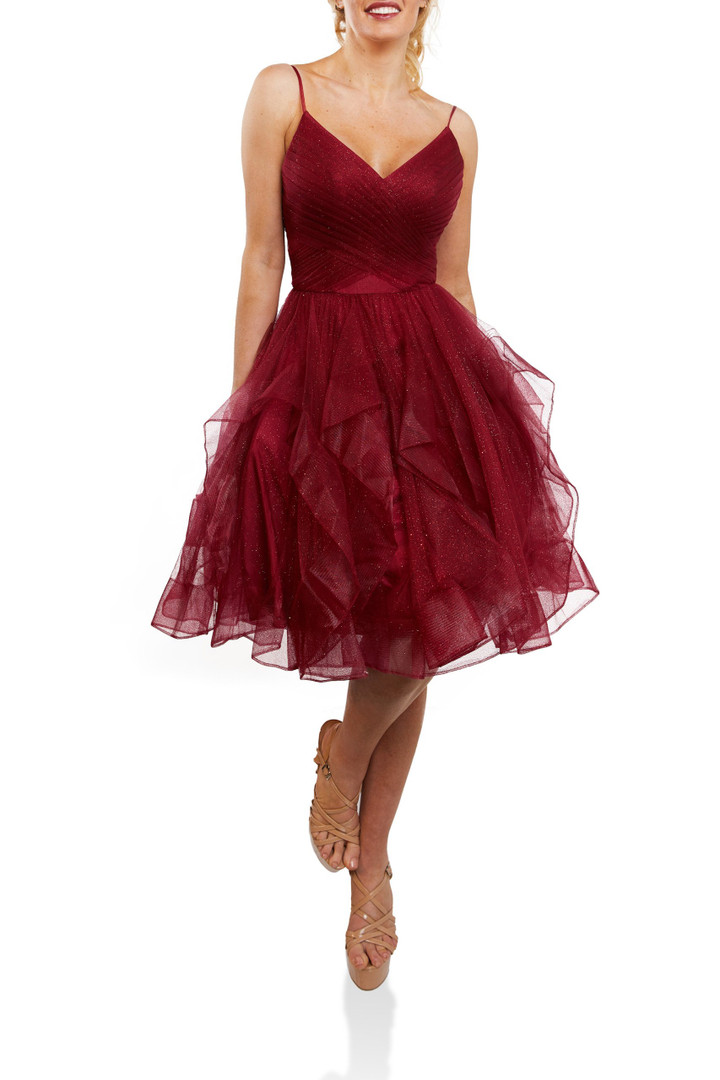 Terani Couture 1821H7770 Pleated Hi Low Flounce Skirt Dress