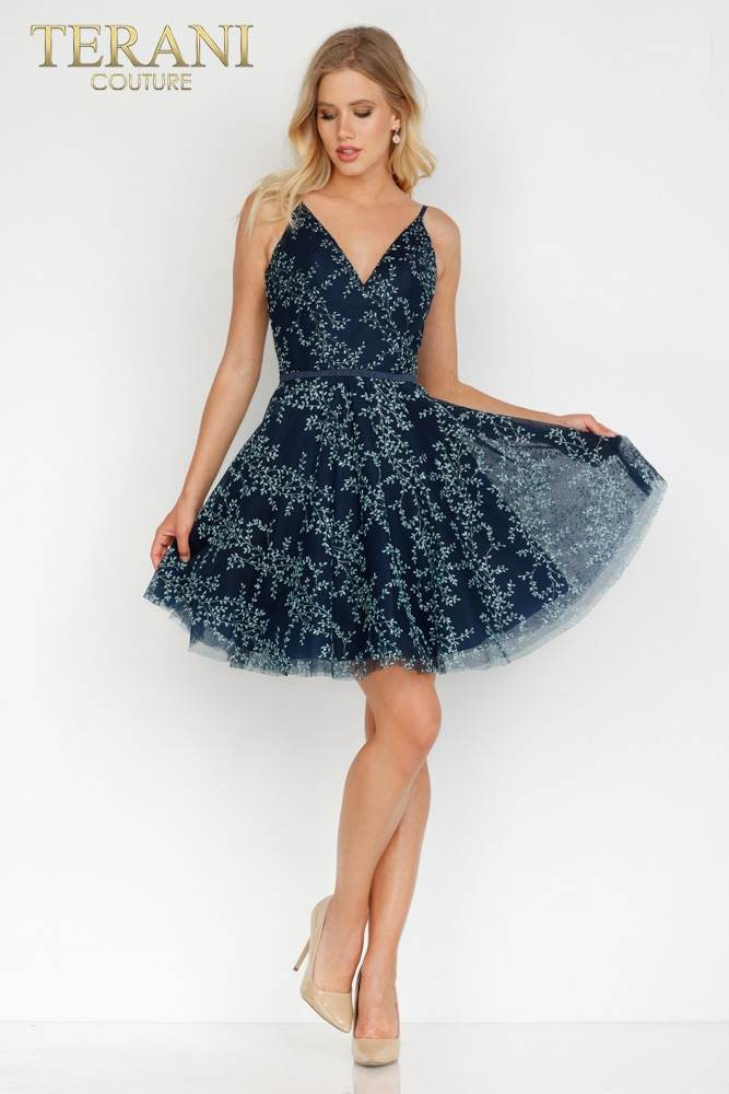 Terani Couture 1912P8083 Tulle Leafy V-Neck Cocktail Dress