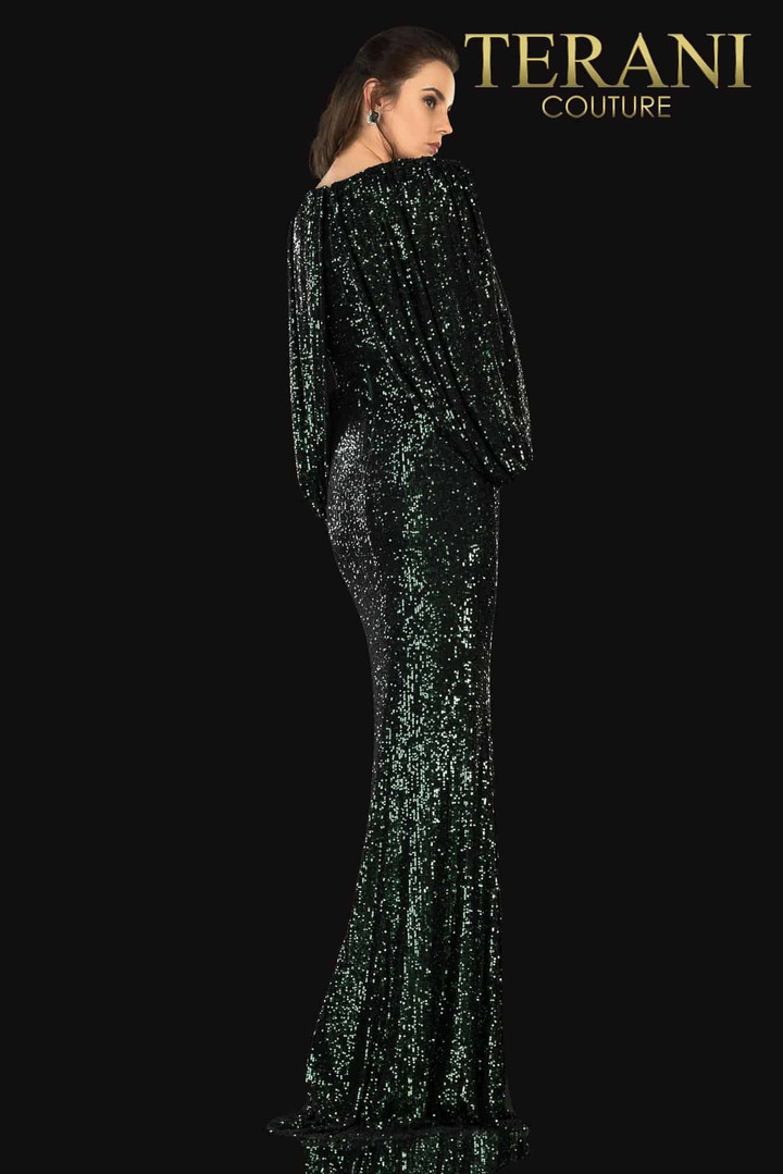 Terani Couture 2021M2962 Sequins Cape Sleeve Long Dress