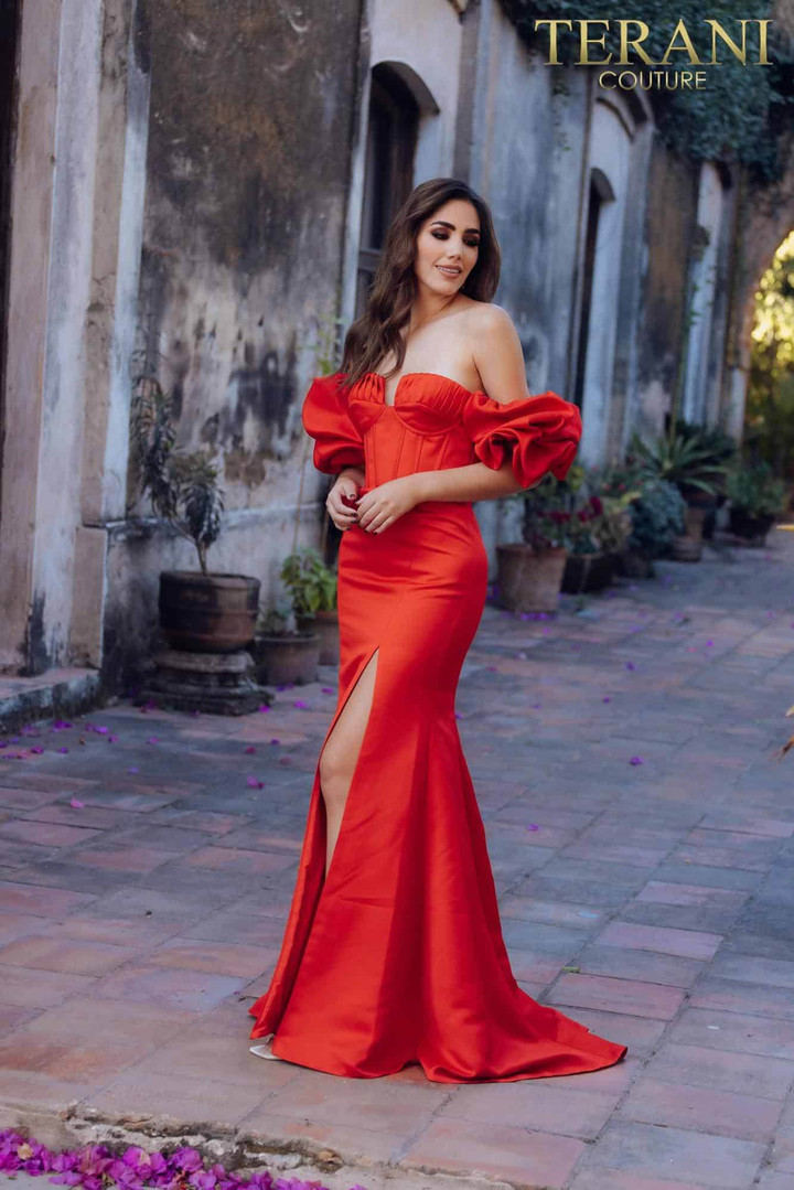 Terani Couture 231P0181 Matte Satin Ruffle Sleeves Dress