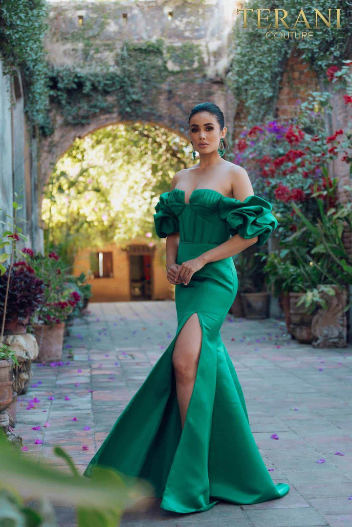 Terani Couture 231P0181 Matte Satin Ruffle Sleeves Dress