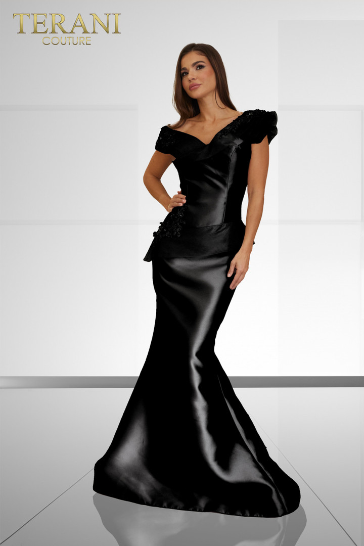 Terani Couture 241E2478 Mikado Embroidery Off-Shoulder Dress