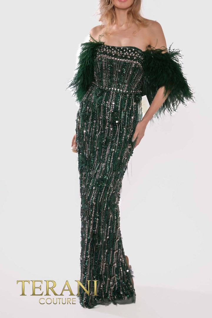 Terani Couture 241GL2603 Tulle Off-Shoulder Column Dress